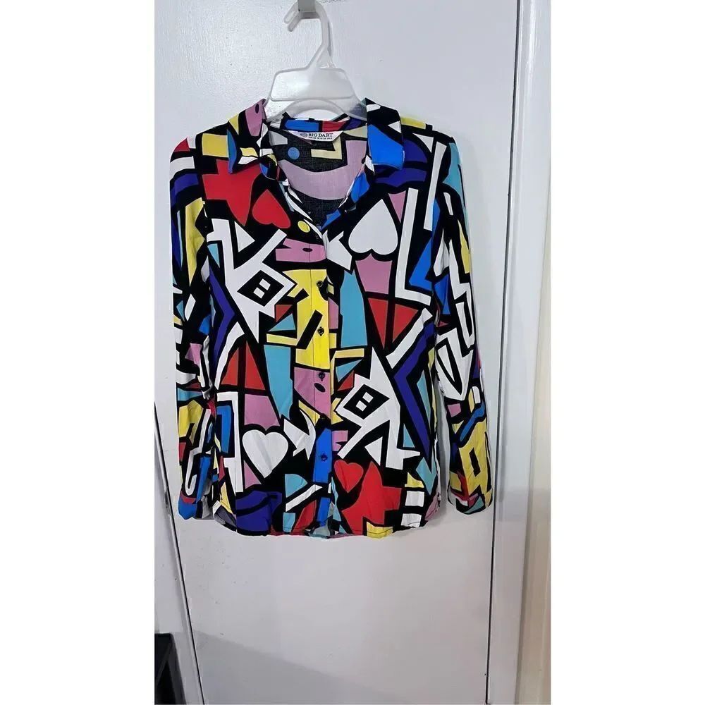 Big Dart Women's Abstract Long Sleeve Button-Down Shirt Multi-Color Size 6 UK
